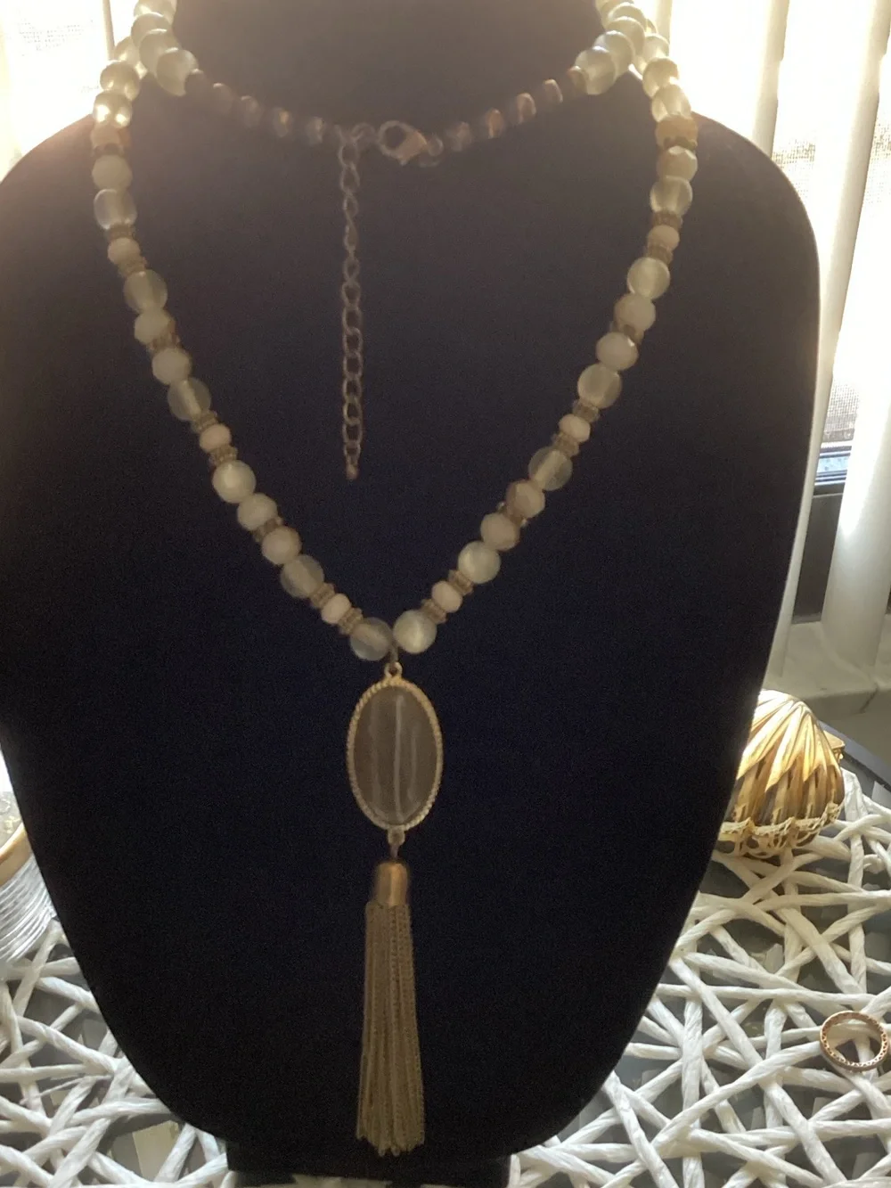 Gold-Tone Beaded Necklace with Cream Beads & Tassel